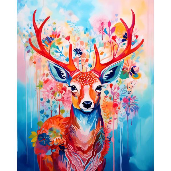 Broderie diamant : Cerf coloré en fleurs - sans chassis en bois - FiguredArt-DP-FA10232