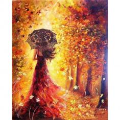 Paint by numbers Autumn Forest and Woman with Umbrella - without frame