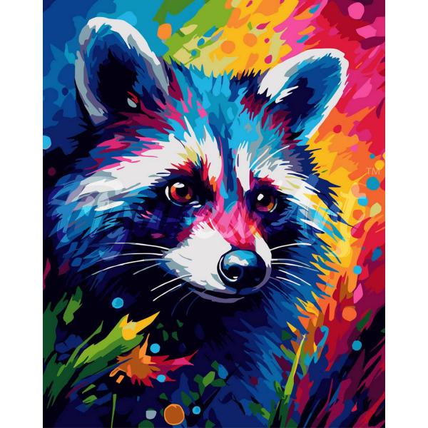 Peinture au numéro : Raton laveur Coloré Abstrait  - sans châssis en bois - FiguredArt-FA10208