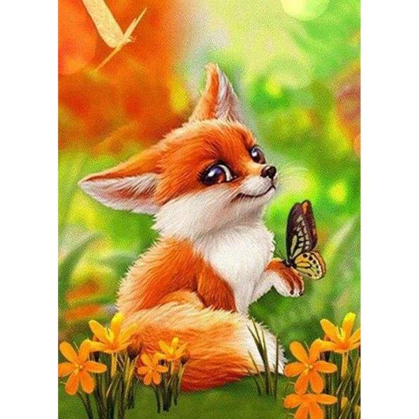 Broderie diamant : Petit Renard et Papillon  - toile tendue sur chassis - FiguredArt-DP-139-Y