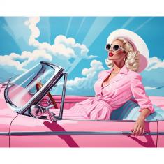 Broderie diamant : Diva dans une Voiture Retro Rose  - toile tendue sur chassis