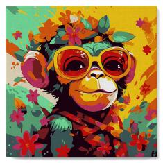 Mini Paint by numbers Fantasy monkey and flowers - already stretched on a wooden frame