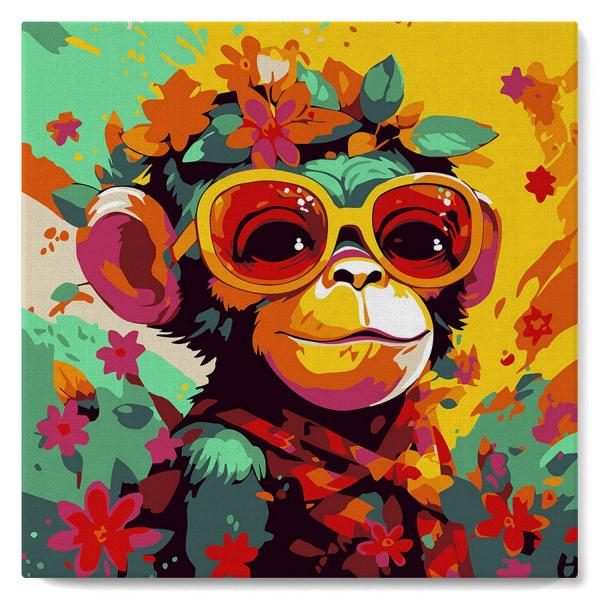 Mini peinture au numéro : Singe Fantaisie et Fleurs  - toile tendue sur chassis - FiguredArt-SFA111-Y