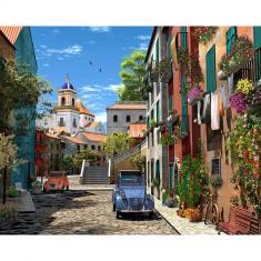 Paint by numbers Alley and vintage French car - already stretched on a wooden frame