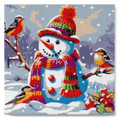 Mini peinture au numéro : Bonhomme de Neige et les Oiseaux  - toile tendue sur chassis