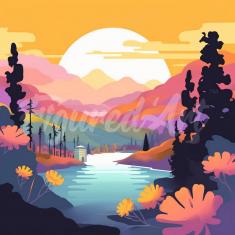 Mini Diamond Painting DP-SFA173 Colorful Sunset by the Lake 25x25 round diamond rolled canvas - with