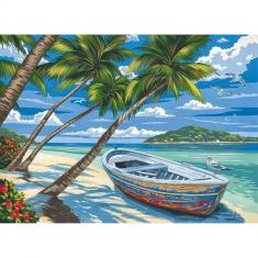 Paint by numbers Boat under the Coconut trees - already stretched on a wooden frame