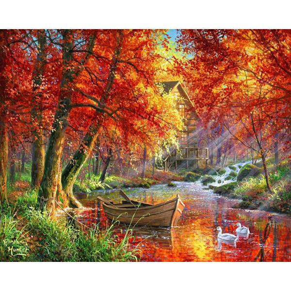 Peinture au numéro : Rivière d'automne et barque - toile tendue sur châssis - FiguredArt-FA10021-Y