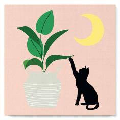 Mini Paint by numbers Cat plays with plant in the moonlight - already stretched on a wooden frame