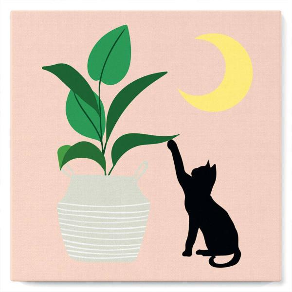 Mini peinture au numéro : Chaton et Plante au clair de Lune  - toile tendue sur chassis - FiguredArt-SFA024-Y
