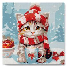 Mini Paint by numbers Cute cat in Red Scarf - already stretched on a wooden frame