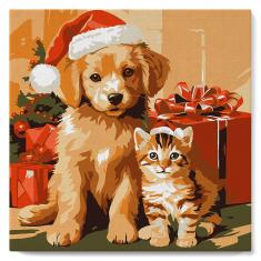 Mini Paint by numbers Christmas Cat and Dog - already stretched on a wooden frame