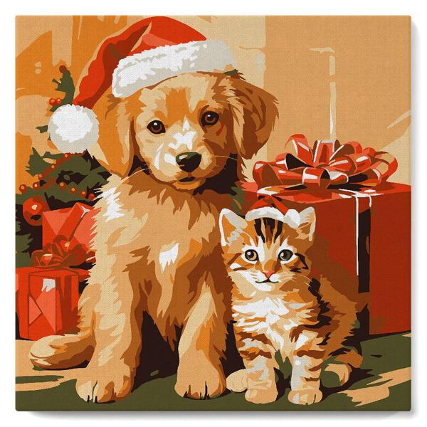 Mini peinture au numéro : Chat et Chien de Noël  - toile tendue sur chassis - FiguredArt-SFA223-Y