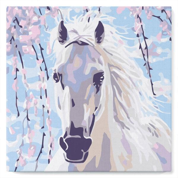 Mini peinture au numéro : Cheval et Fleurs blanches  - toile tendue sur chassis - FiguredArt-SFA066-Y