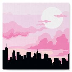Mini Paint by numbers City Skyline under Pink Sky - already stretched on a wooden frame