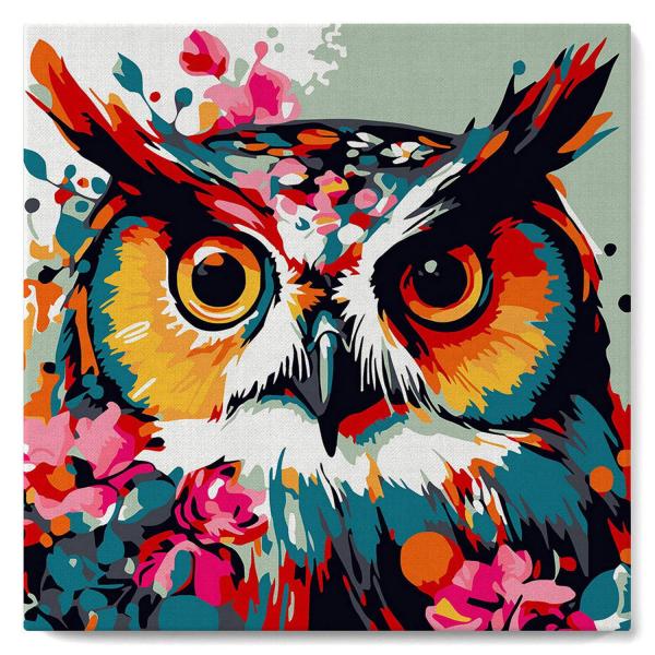 Mini Paint by numbers Fantasy owl with flowers - already stretched on a wooden frame - FiguredArt-SFA112-Y