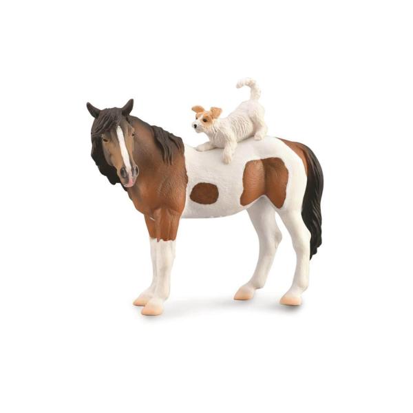 Figurine Cheval XL : Jument Skewbald Avec Jack Russel Terrier  - Collecta-COL88891