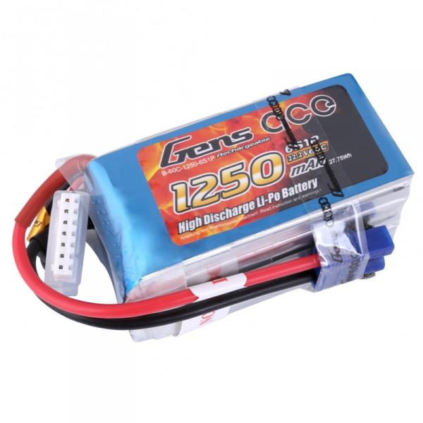 Gens ace 1250mAh 22.2V 60C 6S1P Lipo Battery Pack - B-60C-1250-6S1P