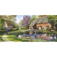 Puzzle 636 pièces panoramique : Cottage au bord du ruisseau