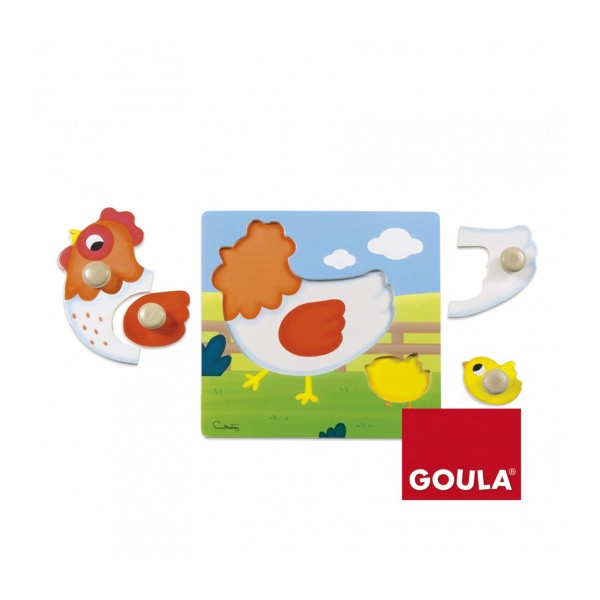 Puzzle en bois 4 pièces : la Poule et son petit poussin - Diset-Goula-53052