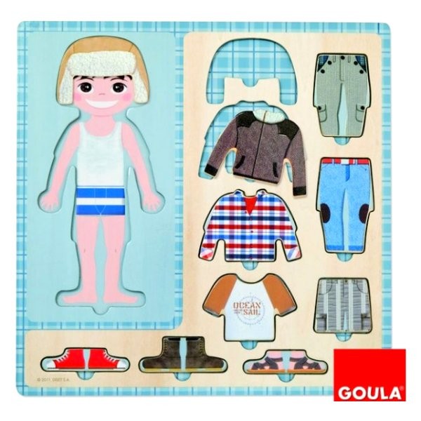 10 wooden pieces puzzle: Little boy getting dressed - Diset-Goula-53109