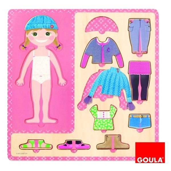 10 wooden pieces puzzle: Little girl getting dressed - Diset-Goula-53108