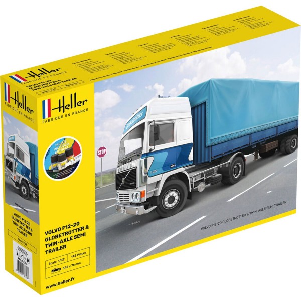 Maquette camion : Kit : Volvo F12-20 Globe Trotter & Twin-Axle Semi trailer - Heller- 57703