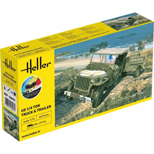 Maquette véhicule militaire : Kit : US 1/4 Ton Truck Trailer - Heller-56997
