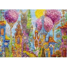 Puzzle 1000 pièces : Charmant Village : Arbres Roses