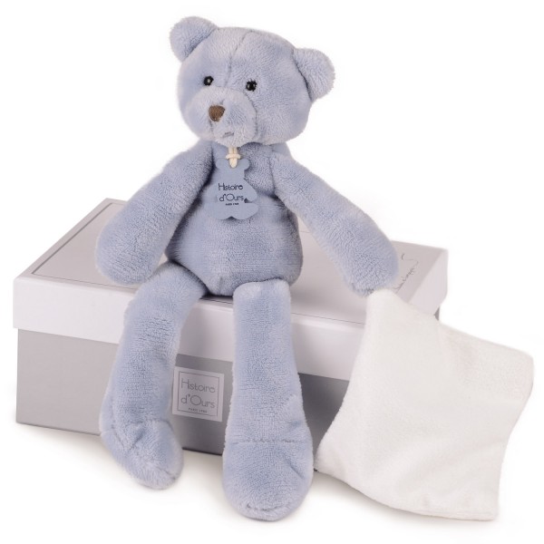 Coffret peluche avec doudou : Sweety ours bleu 30 cm - Histoire-HO2315-2