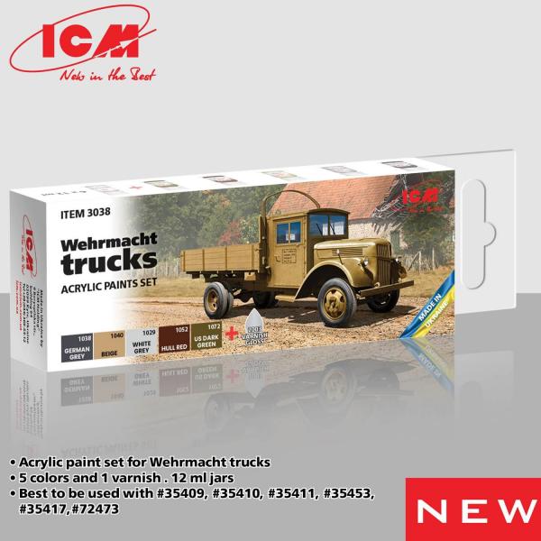 Acrylic Paints Set for Wehrmacht trucks - 6 x 12 ml - ICM-03038