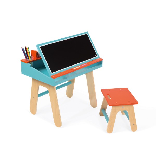 Bureau et chaise en bois orange et bleu - Janod-J09616