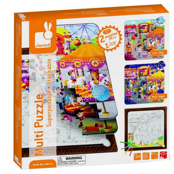 Puzzle 2 x 36 pièces et coloriage : Multi puzzle Fête foraine - Janod-J02826