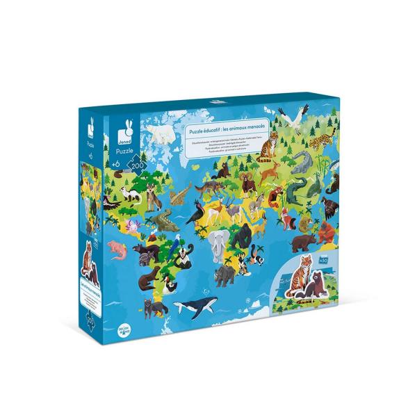 Riesiges Lernpuzzle 200 Teile: Gefährdete Tiere - Janod-J02676