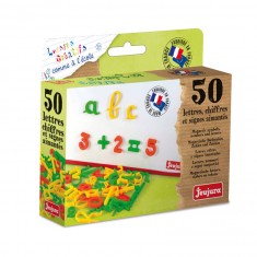 Box mit 50 kursiven Buchstaben, Zahlen und Magnetschildern