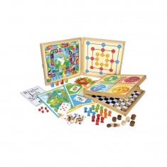 Brettspielbox aus Holz: 80 Regeln – Spielfiguren aus Holz