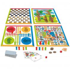 Box mit 4 Brettspielen und Kartenspiel – Holzfiguren