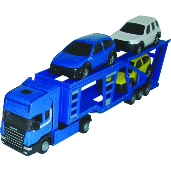 Camion et voitures : Transporteur bleu 1/48 et ses 3 voitures - Johnworld-TEA10882-2