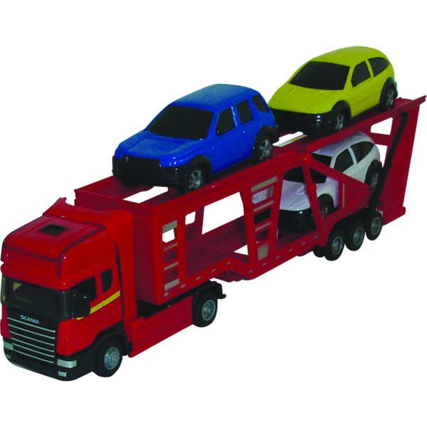 Camion et voitures : Transporteur rouge 1/48 et ses 3 voitures - Johnworld-TEA10882-3