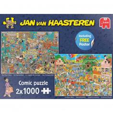 Puzzle 2 x 1000 pièces : Jan van Haasteren : Le magasin de musique et départ en vacances