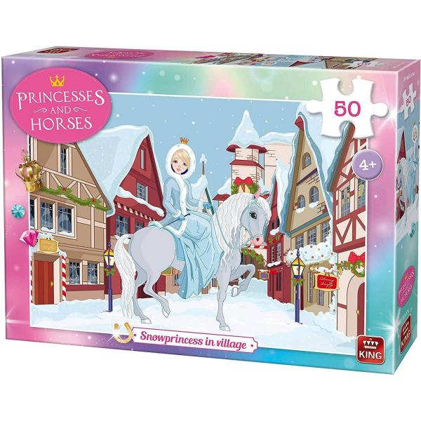 Puzzle de 50 piezas: Pincesos y caballos: La princesa de las nieves en el pueblo - King-55898
