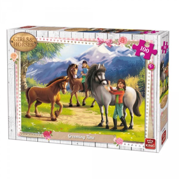Puzzle de 100 piezas: Niñas y caballos: preparación de caballos - King-100202