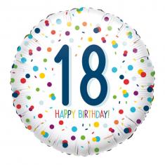 Runder Aluminiumballon: Konfetti – Happy Birthday 18. Geburtstag – 43 cm