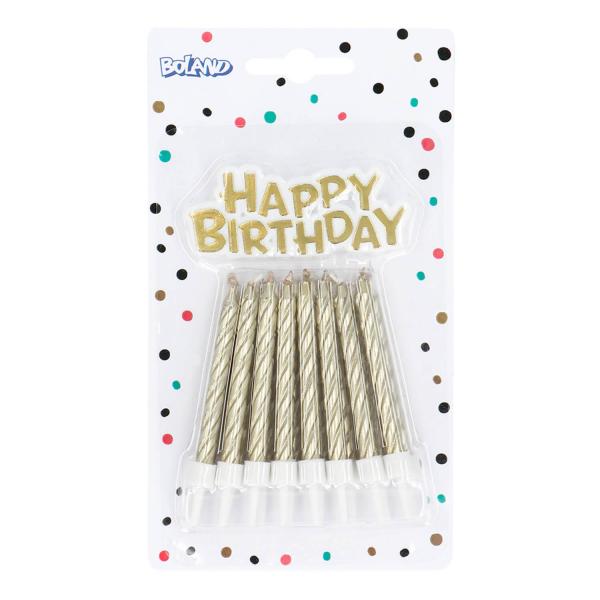 Set mit 16 spiralförmigen Geburtstagskerzen mit „Happy Birthday“-Kuchenaufsatz – Gold - 30350BOL