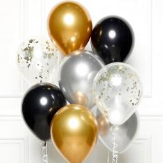 Blumenstrauß-Set mit 10 Luftballons – Schwarz, Gold und Silber