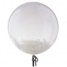 Runder transparenter Ballon mit Federn 45 cm