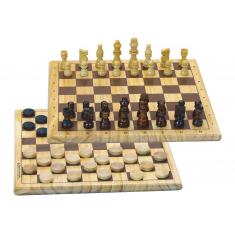 Wooden checkers and chess sets