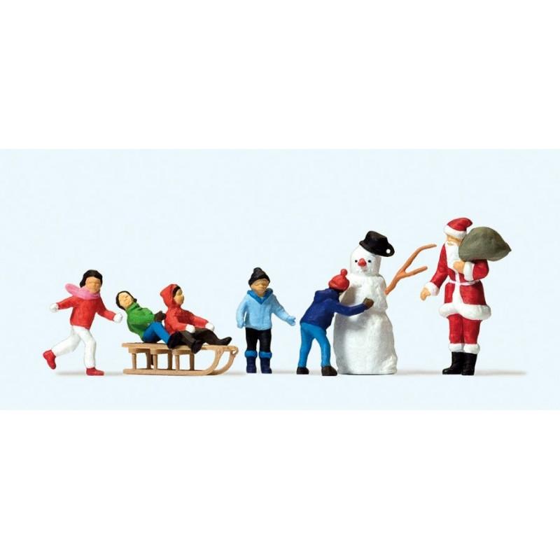modã©lisme ho : figurines : set pã¨re noã«l, enfants et bonhomme de neige
