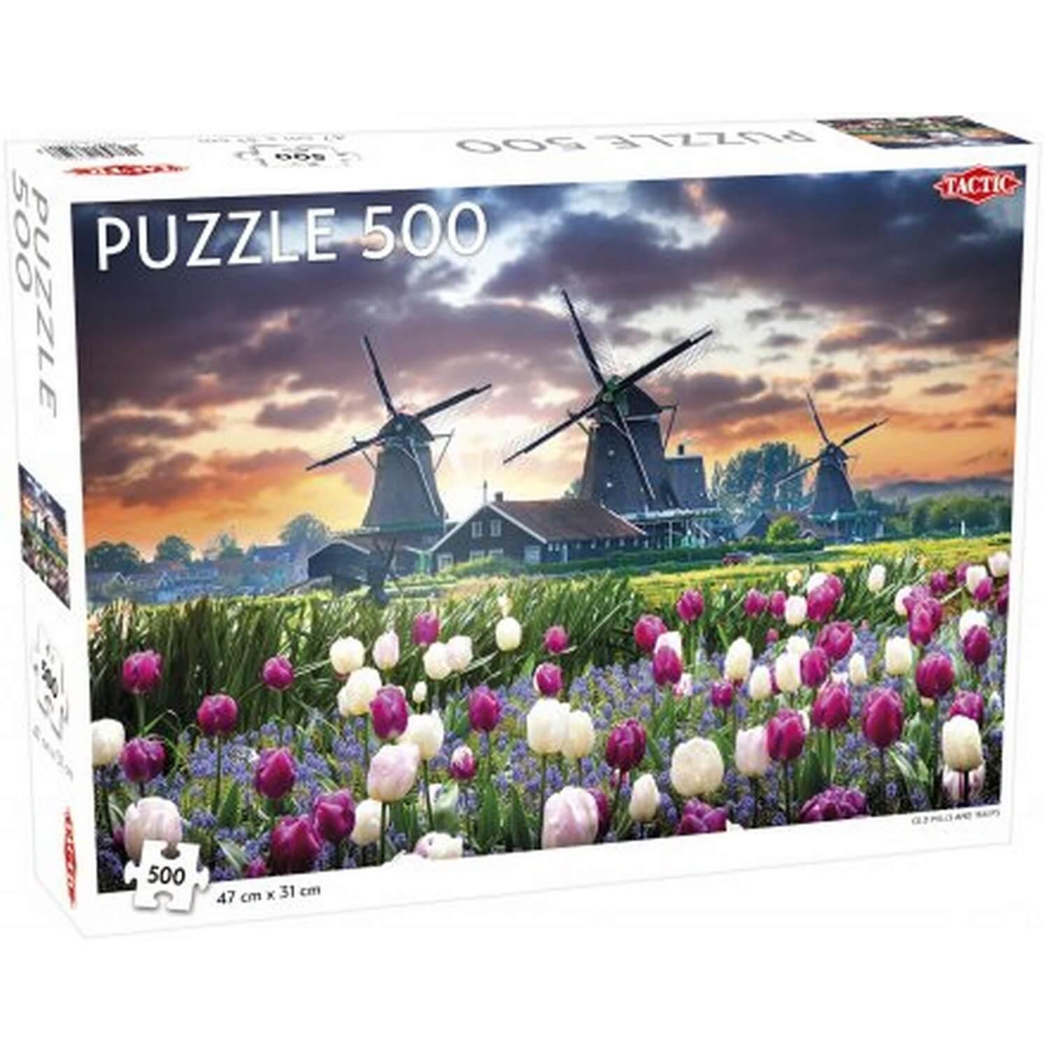 Puzzle 500 pièces : Vieux moulins et tulipes