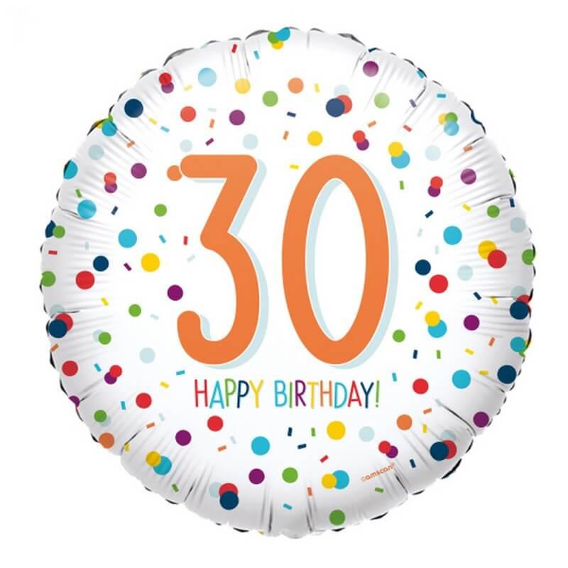 Ballon Aluminium Rond 43 cm : Happy Birthday 30 ans - Confettis